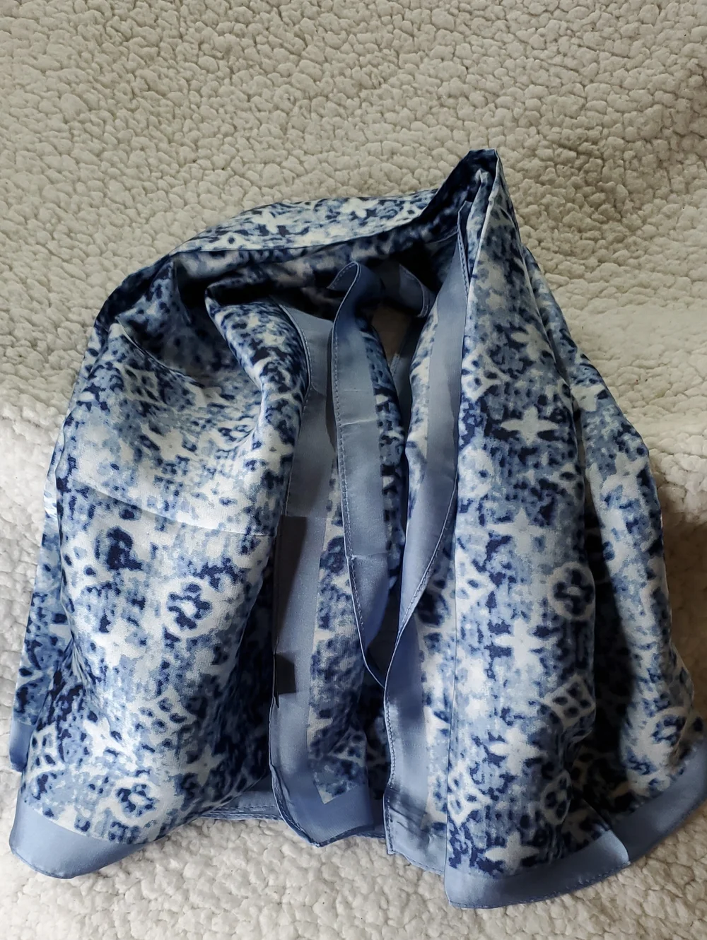 Blue and White Patterned Silk Scarf